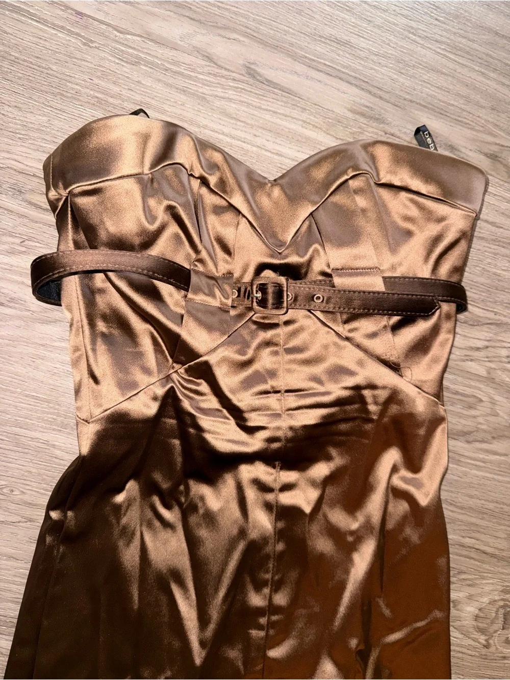 bebe Strapless Satin cocktail Mini Dress in Brown with Belt - Picture 3 of 8